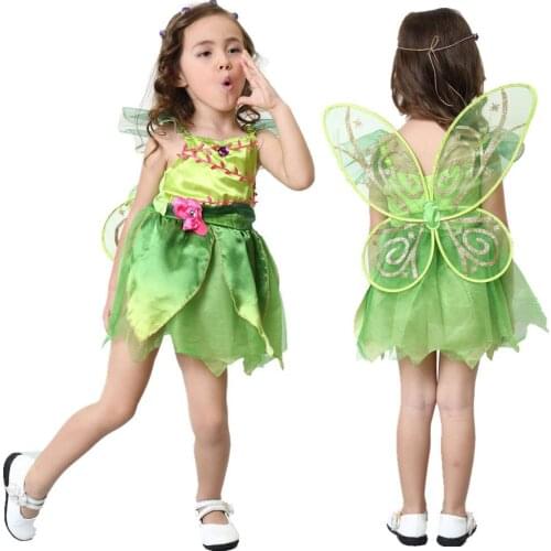 Green Tinkerbell Fairy Costume Tinker Bell Princess Fancy Dress with wing Halloween Cosplay Clothing (include wing)