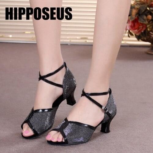 Hipposeus Women Dance Shoes Girls Latin Shoes Ballroom Modern Dance shoes Ladies 3.5/5.5CM Sequins Cloth Sandals Dropshipping
