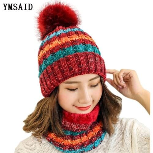 Woman Knit Beanie Hat and Scarf Set Hairball Pompom Hats Female Thick Hat 2pcs Winter Warm Cute Girls Fashion Cap Collar Suit