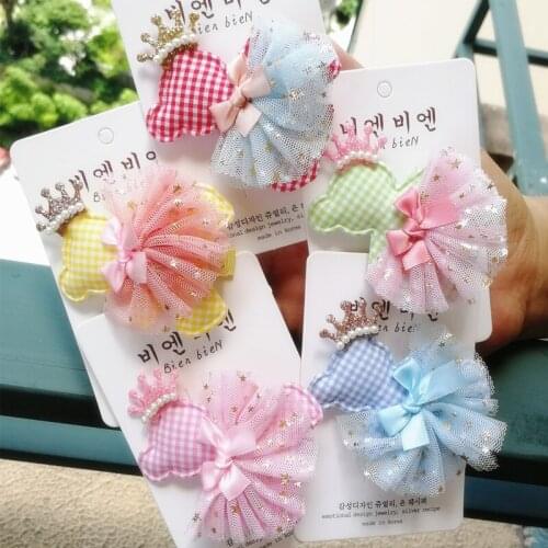 10pcs/lot Hot Princess Girls Character Cartoon Bears Hair Clips Glitter Pearl Crown Hair Bow Pink Gauze Ribbon Bowknot Hairpins