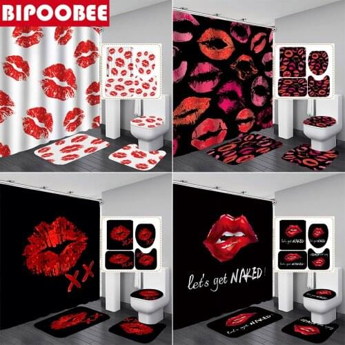 Sexy Red Lips Bathroom Shower Curtain and Rug Sets Lip Print Bath Curtains Washroom Non-Slip Mat Toilet Cover Pedestal Carpet