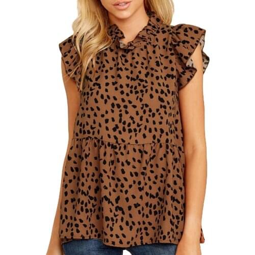 Women Slim Shirt 2021 Ruffle Neck Sleeveless Women Top Elegant Dot Print Loose Fit Casual Blouse Ladies Clothing