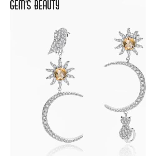 GEMS BEAUTY 925 Sterling Silver Studs Earring For Women Bird Cat Moon Sun Halo Round Natural Citrine Handmade Earring