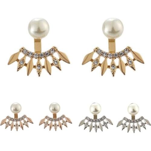 Women Vintage Stud Earrings Romantic Rhinestone Faux Pearl Fan Shape Ear Jackets Earrings Jewelry Gift Wedding Party