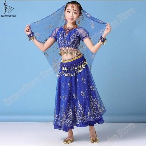 Halloween Chiffon Top Belt Skirt Veil Headpiece Kids Belly Dancing India Children Dance Bollywood Costume Set Sari Outfit