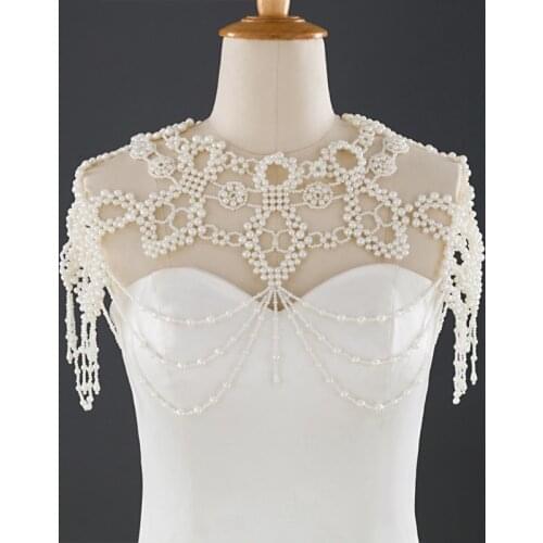 Women Wedding Imitation Pearl Bib Choker Necklace Jewelry Beading Body Chain Shawl Collar Vintage Layered Decorative Vest