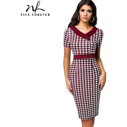 Nice-Forever Summer Women Elegant Contrast Color Patchwork Dresses Business Work Vintage Bodycon Slim Dress B633