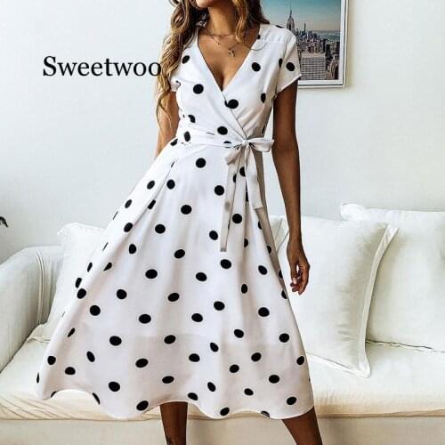 Summer Dress Women Vintage Dress Casual Polka Dot Print A-Line Party Dresses Sexy V-neck Short Sleeve Long Dress Fashion