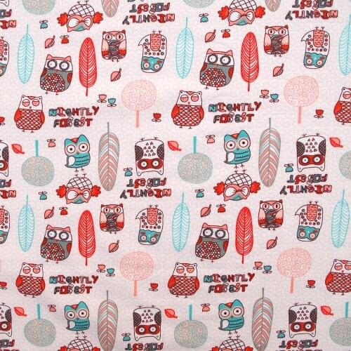 1 yard Cotton Twill Fabric for sewing pathwork, cloth, bedding - Owl and feather (red) (width=160cm)