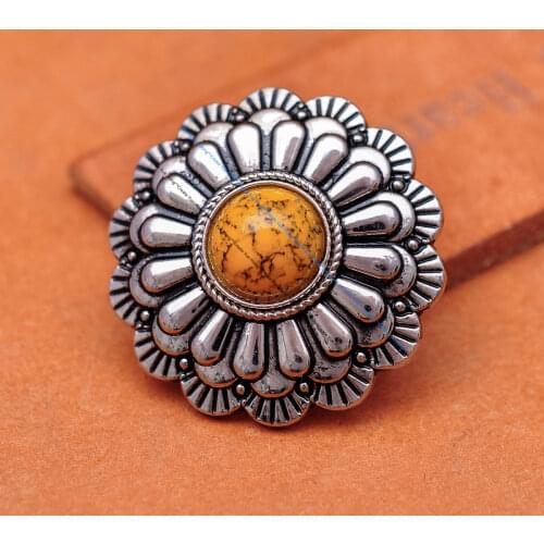 10PC 30mm SILVER 3D FLOWER WESTERN YELLOW TURQUOISE CONCHO FOR LEATHERCRAFT LUGGAGE BAG DECORATION