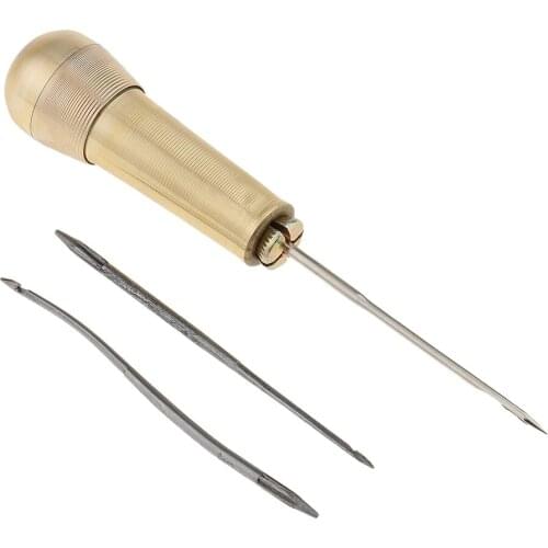 3 Needles Copper Handle Sewing Awl Hand Stitcher Shoes Repair Tools