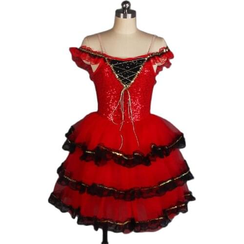 3 Tiered Romantic Ballet Tutu for Girls and Women Off-the-shoulder Red Spanish Dress Sequin Bodice Ballerina Tutu Costumes 20527