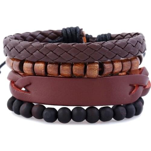 Bohemia Style DIY Jewelry Bangles 4pcs/set Retro Women Leather Bracelets Wood Beads Strand Wristband Multi-layer Handmade Bangle