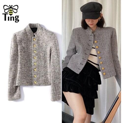 Tingfly Designer Fashion Tweed Single Breasted Short Blazer Coat Winter Autumn Street Chic Skinny Lady Jackets Coats Cropped New