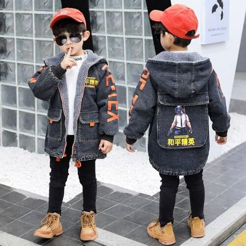Denim Jacket For Boys 2021 Autumn New Fashion Cartoon Plus Velvet Hooded Warm Trench Coat Childrens Outerwear Teenager Clothes