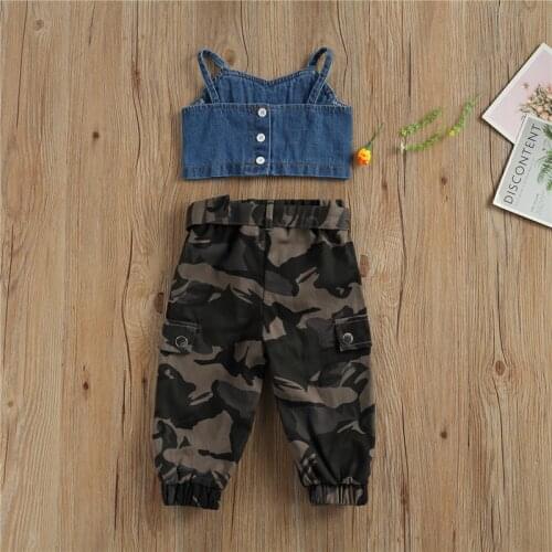 2 Piece Set Toddler Girl Summer Outfits Casual Button Down Denim Crop Tank Tops and Long Camouflage Pants for 2-6 Years