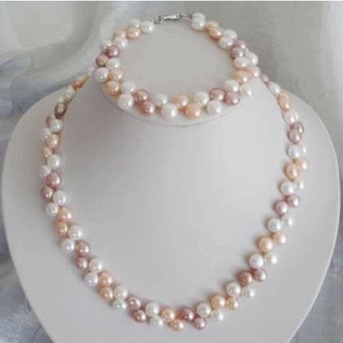 Hot sale 7-8mm White/Pink/Purple Akoya Cultured Pearl Necklace Bracelet Set DIY Jewelry Design Wholesale and retail