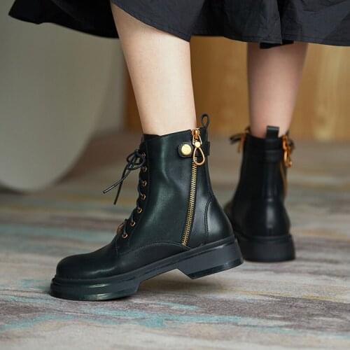 MORDOAN Genuine Cow Leathe Flat bottom 2020 autumn new zipper British style retro thick bottom single boots ankle boots women