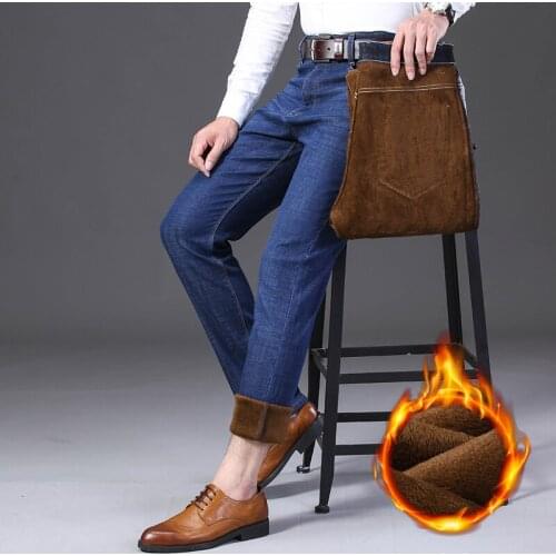 2020 Autumn Winter Men Stretch Jeans Thick Fleece Smart Causal Fashion Business Denim Warm Pant Man High Quality Plus Size Jean