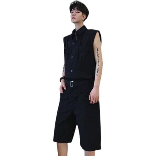 S-6XL!!The New Youth Mens Casual jumpsuit trend handsome straight leg cropped pants loose all-match sleeveless cargo pants