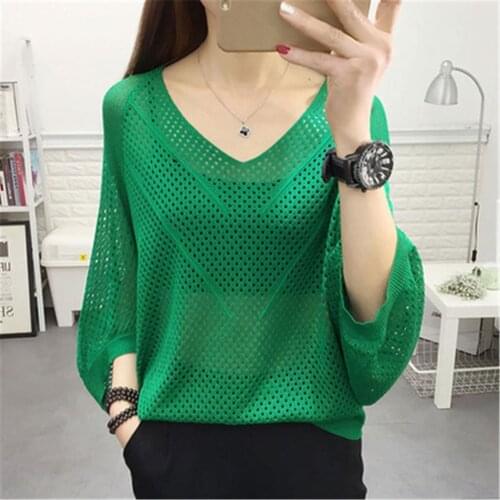 Sexy Women Knitted Pullover Mesh Hollow Sweater Female 2020 Spring Fashion Tops Bat Half Sleeve Solid Casual Loose Shirt Summer