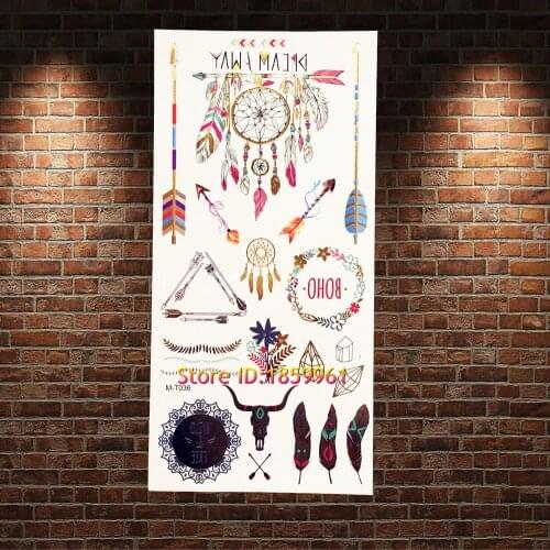 Gold Metallic Dreamcatcher Indian Feather Tattoo Ox Arrow Design Men Women Body Art Waterproof Temporary Tattoo Stickers AGMT036