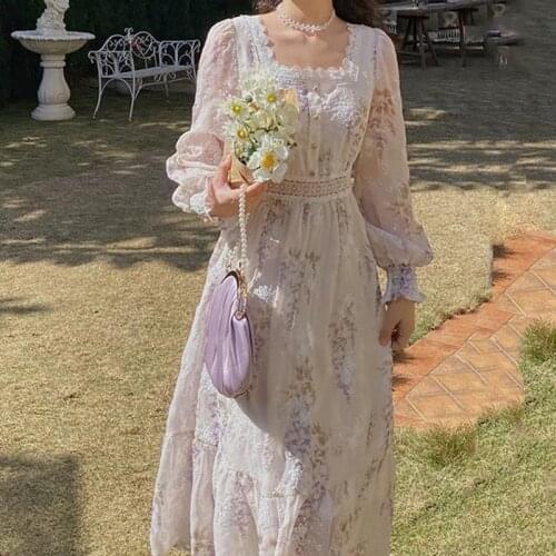 Vintage Evening Party Floral Dresses for Women Lantern Sleeve Midi Elegant Dress Female Sweet One Piece Dress Korean Autumn 2021