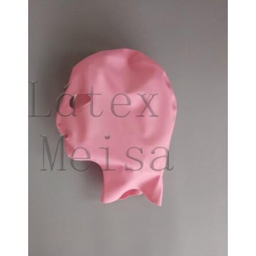 Pink color womens catsuit latex hoods with open eyes nostrils and mouth attached back zip