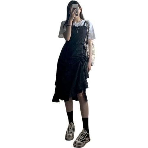 Womens sling dress 2021 spring and summer new solid color ruffled long skirt asymmetric mid-length skirt