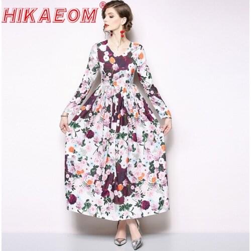 Women Dress Free Shipping Lady Dresses Rushed Catwalk Women 2019 Spring Floral Print V-neck High Waist Aline Pleated Maxi Dress