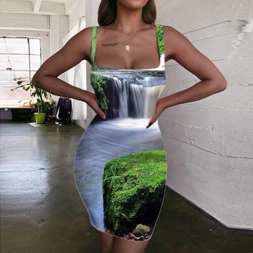 Giyu Landscape Dress Women Forest Halter Sleeveless Waterfall Bodycon Dress Novel Vestido Sexy Womens Clothing Club Short