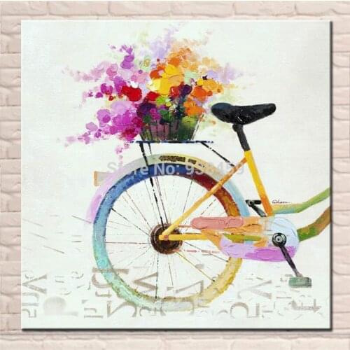 100% Handmade Modern Abstract Oil Paintings Bike With Flower Canvas Wall Art Pictures For Living Room Home Decoration Unframed