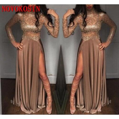 2019 African Gorgeous Beaded Champagne Sequined Evening Dresses Long Sleeves Prom Gowns Vestidos Front Split Special Dresses