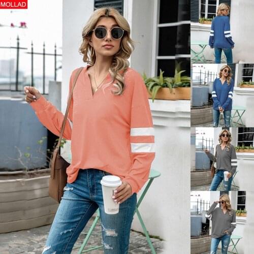 2021 European And American Stripes Stitching Long Sleeve T-shirt Amazon Autumn And Winter Cross-Border Women 'S Clothing