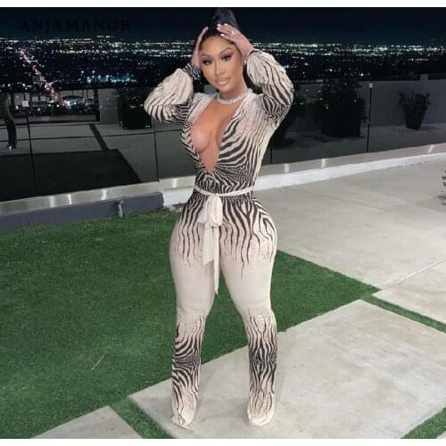 ANJAMANOR Fashion Print Deep V Neck Long Sleeve Jumpsuit Women Elegance Sexy Plus Size One Piece Outfit Clubwear D42-DC40