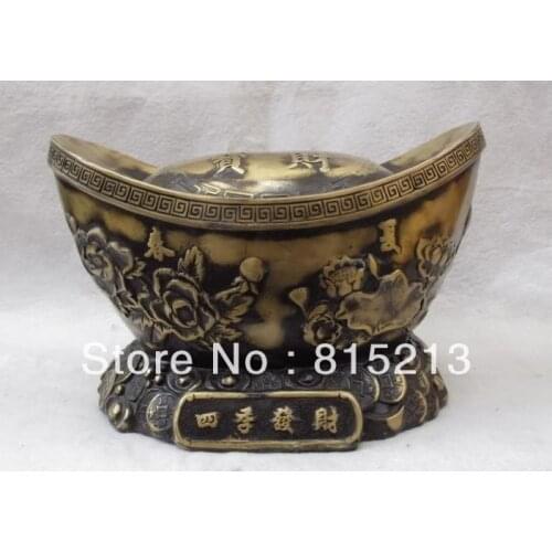 Bi00351 Chinese Classic Bronze Copper Feng Shui peony Wealth Coin Money Yuan Bao Statue