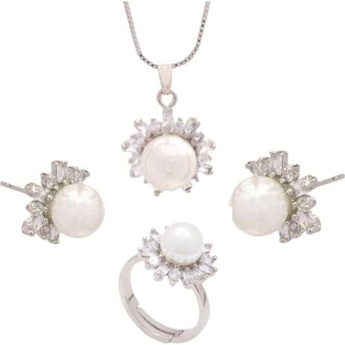 Noble White Flower Beads Bride Wedding Jewelery Set Female Necklace Earrings Ring Set Dress Accessories Bride