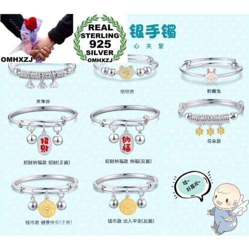 OMHXZJ Wholesale BA151 European Fashion Baby Kids Birthday Fortune Lock Flower Coin Beads 925 Sterling Silver Bracelet Bangle