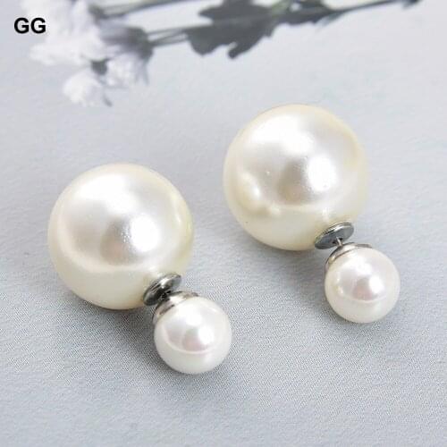 GuaiGuai Jewelry 8-16mm White Round Sea Shell Pearl White Gold Plated Stud Earrings Women Jewelry