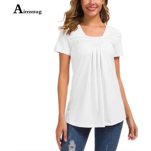 Aimsnug 2021 Summer New Pleated T shirts Women Short Sleeve Patchwork Tops Square Collar Tees Shirts White Female Casual Shirts