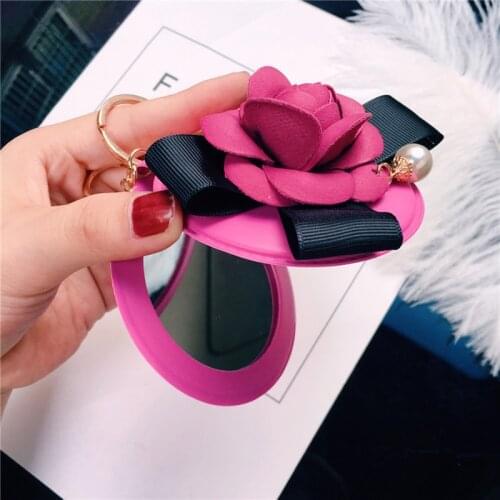 Fashion Bow Camellia Keychain Portable Makeup Small Mirror Bag Pendant Female Car Key Chain Tide