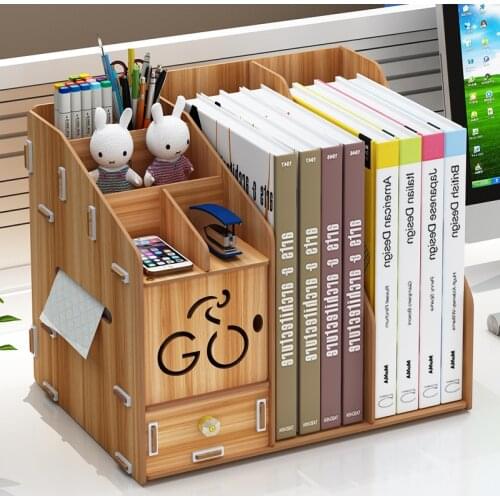 Desktop Stationery Organizer Office Supplies Drawer Storage Box Creative Bookshelf Wooden Document Rack