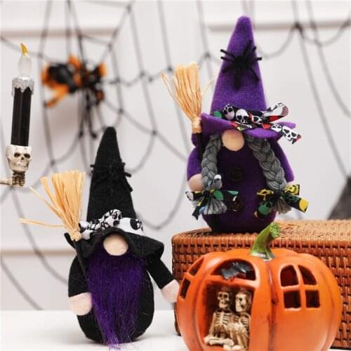 2022 New Halloween Broomstick Top Hat Witch Dwarf Gnome Doll Ornaments Cute Cartoon Dwarf Elf Home Decor Halloween Celebration