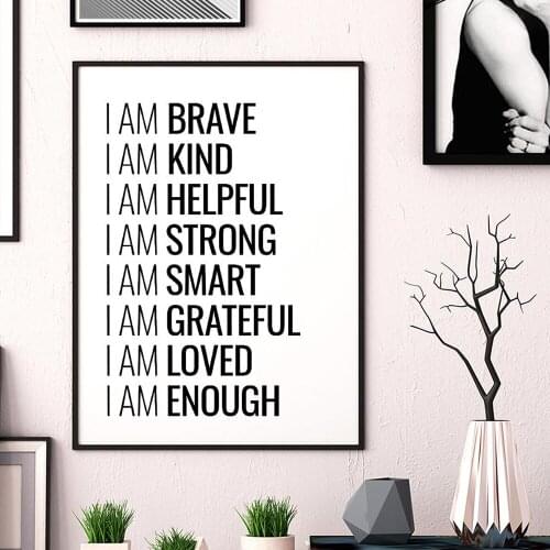 I Am Brave Kind Helpful Motivational Quote Poster Letter Black and White Wall Art Canvas Painting for Home Modern Simple