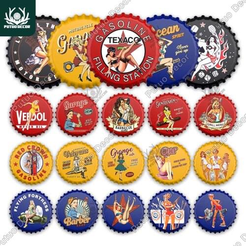 Putuo Decor Pin Up Girl Bottle Cap Decor Metal Sign Plaque Metal Sign Garage Man Cave Pub Bar Club Living Room Wall Decoration