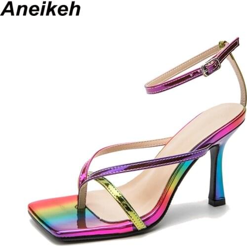 Aneikeh 2021New Women Shoes Thin Heels Sandals Open Party Rome PU Thong Ankle Strap Back Concise Camouflage Riband Elegant Color