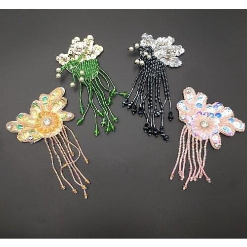 Handmade beaded sequin patch glass beads hanging tassels beads shoulder cloth patch applique stickers diy accessories