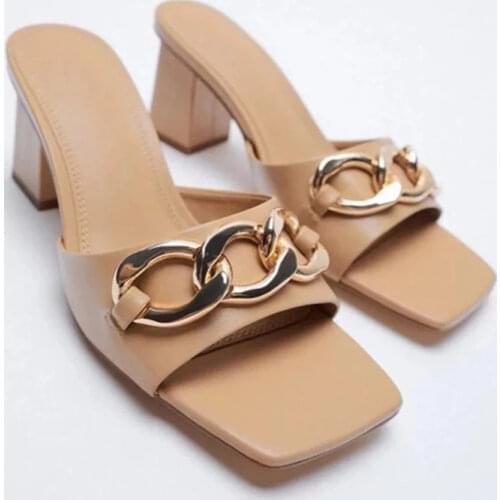 ZAR Khaki Sandals Metal Chain High Heels 2020 Summer New Square Toe Word With Open Toe Back Hollow Thick Heel Womens Shoes