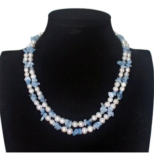 Handmade beautiful 2strands blue green stone peridot 7-8mm white freshwater cultured pearl necklace long 43-45cm