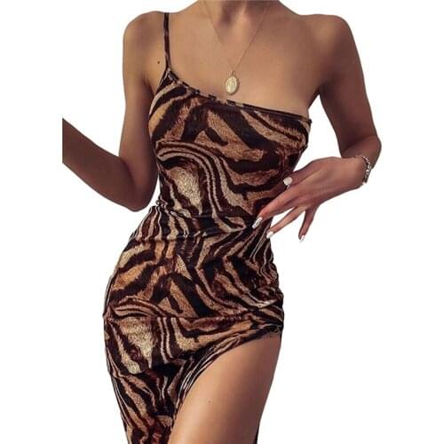 2020 Fashion Trend Women Summer Suspender Dress Tiger Pattern Ladies Sexy One Shoulder Split Nightclub Long Dress Clubwear